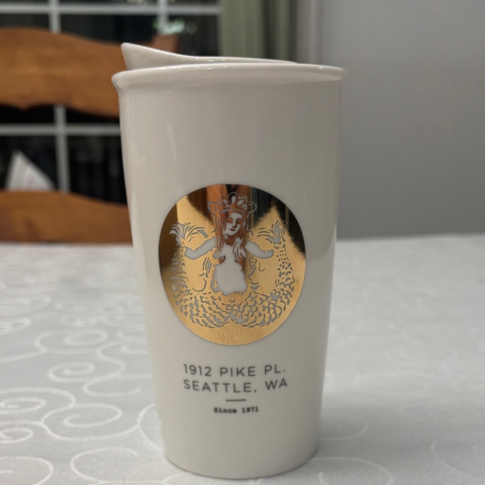 Starbucks White Ceramic Tumbler with Gold Siren Emblem 1912 Pike Place